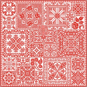 May include: A red and white cross-stitch sampler with a variety of geometric and floral patterns. The sampler is made up of 16 different squares, each with a unique design.