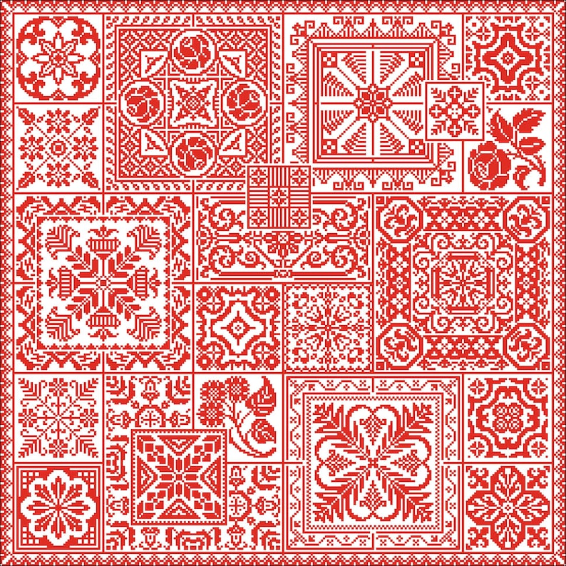 May include: A red and white cross-stitch sampler with a variety of geometric and floral patterns. The sampler is made up of 16 different squares, each with a unique design.