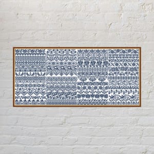May include: A rectangular wall art print featuring a grid of four panels, each filled with multiple horizontal rows of intricate dark blue and white lace-like patterns, floral motifs, geometric shapes, and small bird illustrations on a white background.