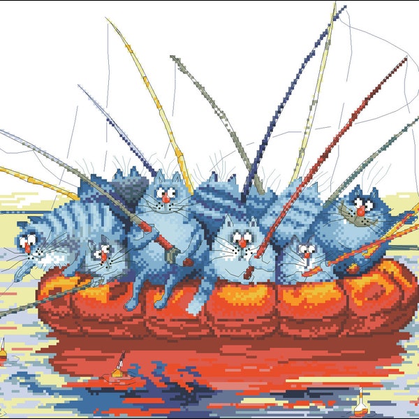 Cross stitch pattern Fish Catchers, cats cross stitch, pet embroidery, funny cross stitch, counted cross stitch, digital PDF file