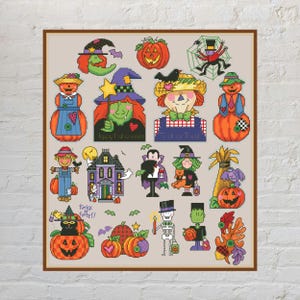 May include: A cross-stitch pattern featuring various Halloween motifs including a jack-o'-lantern, a witch with a star wand, a scarecrow, a haunted house, a vampire, a skeleton, and Frankenstein's monster, with text reading Happy Halloween, Trick or Treat, and Trick or Tweet.
