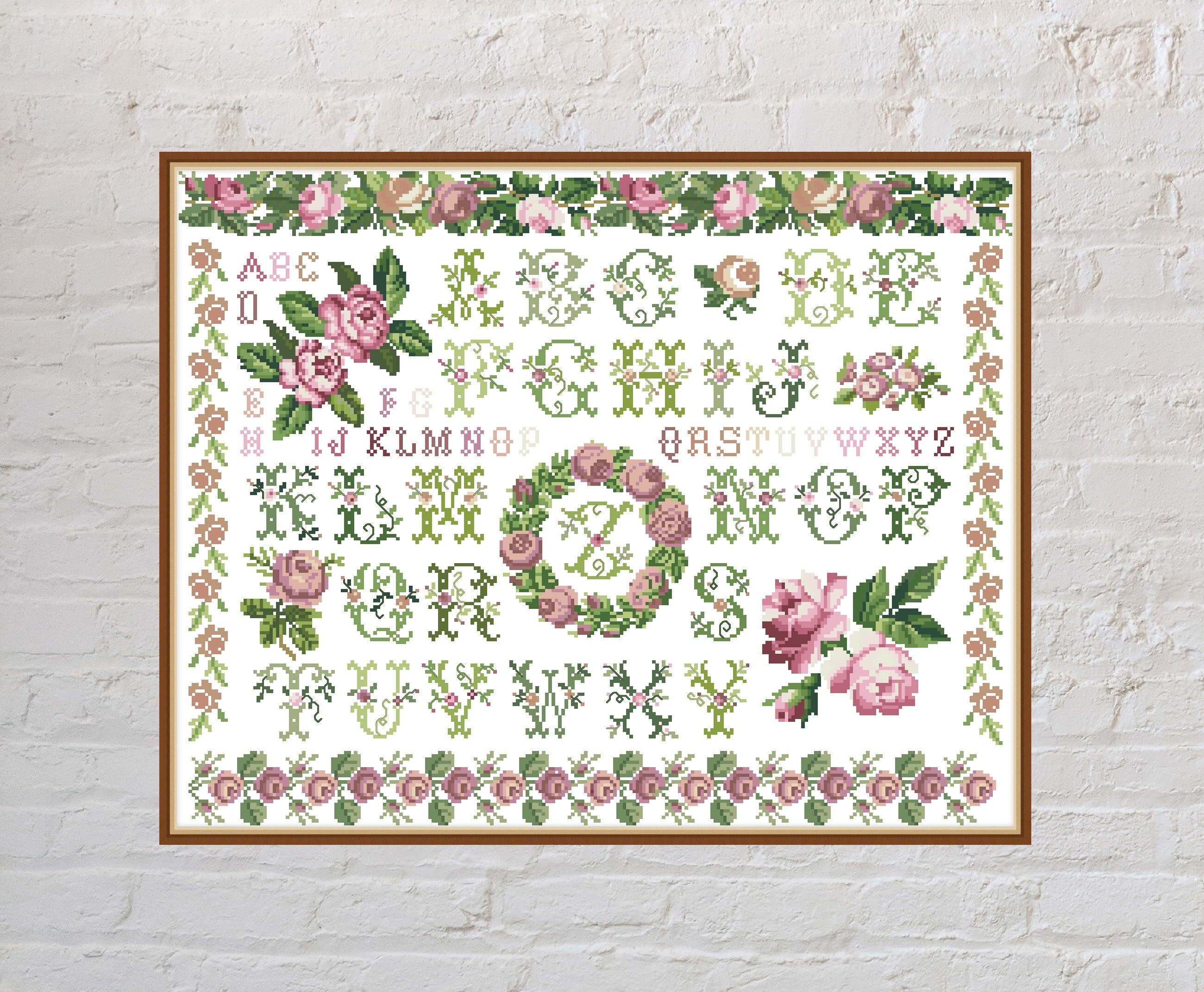 Cross stitch pattern Rose Sampler, floral cross stitch, nature embroidery, alphabet cross stitch, digital PDF file, vintage cross stitch