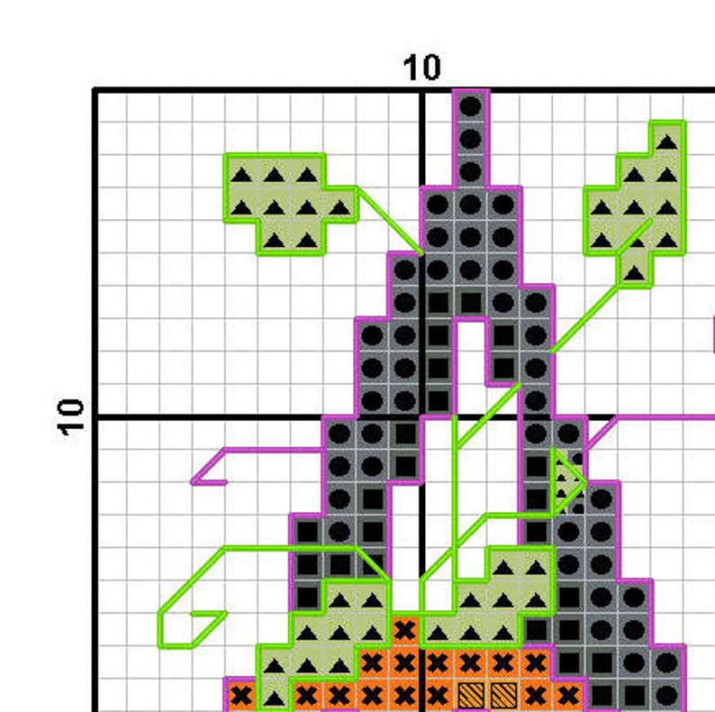 K&ouml;nnte beinhalten: Schwarzes und gr&uuml;nes Kreuzstichmuster mit einem schwarzen, wei&szlig;en und orangefarbenen Design. Das Muster befindet sich auf einem wei&szlig;en Gitterhintergrund.