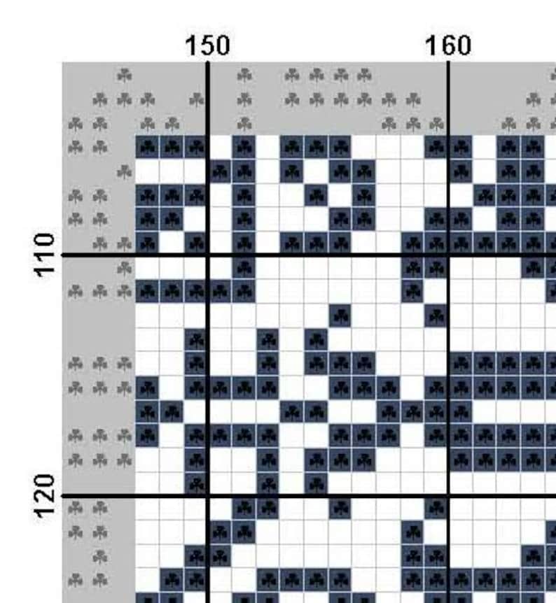 May include: Black and white pixel art design with a grid pattern. The design features a repeating pattern of shamrocks.