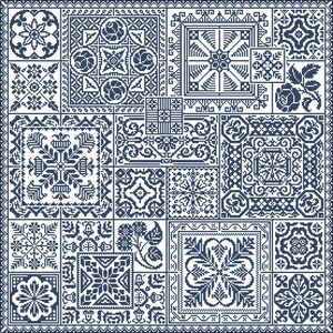 May include: A white background with a blue and white pattern of various geometric shapes and designs. The pattern is made up of squares, circles, and other shapes. The design is reminiscent of traditional embroidery or cross-stitch.