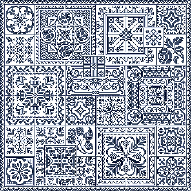 May include: A white background with a blue and white pattern of various geometric shapes and designs. The pattern is made up of squares, circles, and other shapes. The design is reminiscent of traditional embroidery or cross-stitch.