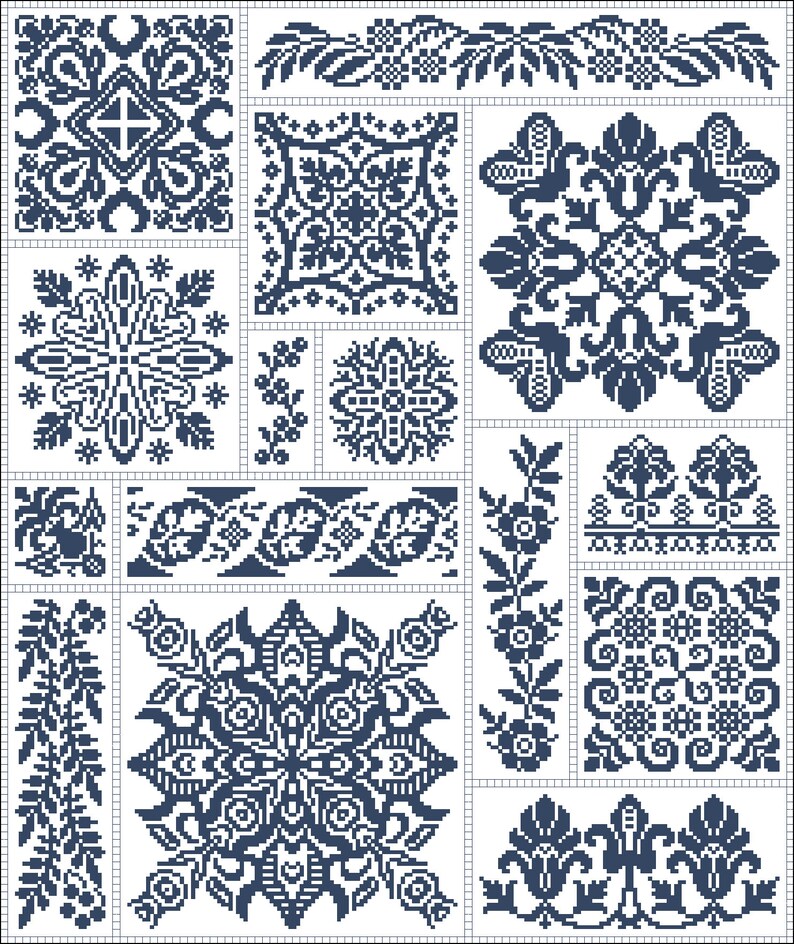 Kruissteekpatroon Bloemensampler #4, quaker sampler, monochroom ...