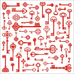 May include: A collection of red vintage keys with intricate designs. The keys are arranged in a random pattern on a white background.