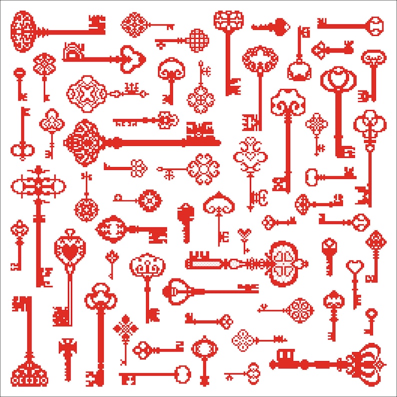 May include: A collection of red vintage keys with intricate designs. The keys are arranged in a random pattern on a white background.