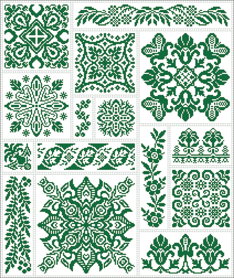 Kruissteekpatroon Bloemensampler #4, quaker sampler, monochroom ...