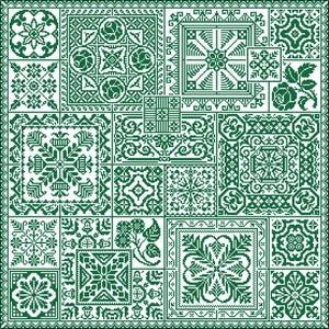 May include: A green and white cross-stitch pattern with a variety of geometric designs. The pattern is made up of small squares and includes floral motifs, snowflakes, and other abstract shapes.