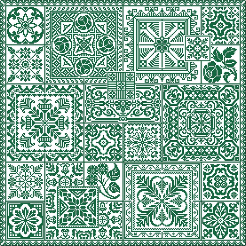 May include: A green and white cross-stitch pattern with a variety of geometric designs. The pattern is made up of small squares and includes floral motifs, snowflakes, and other abstract shapes.