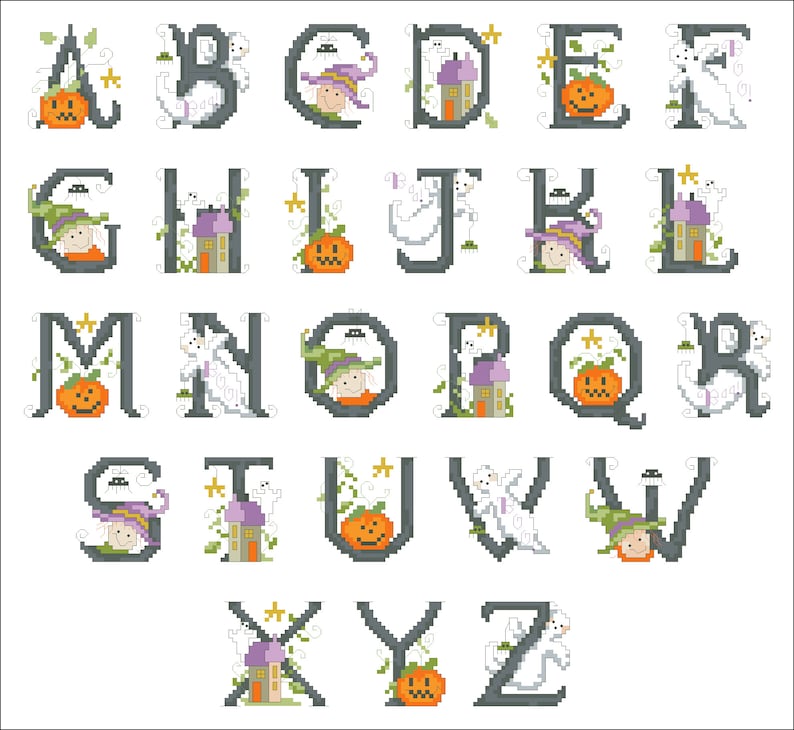 K&ouml;nnte beinhalten: Ein Satz Alphabetbuchstaben mit Halloween-Motiven. Jeder Buchstabe ist mit einem anderen Halloween-Symbol verziert, wie z. B. einer Hexe, einem Geist, einem K&uuml;rbis, einem Haus oder einer Spinne. Die Buchstaben sind in schwarzer Schrift mit wei&szlig;en Umrissen.