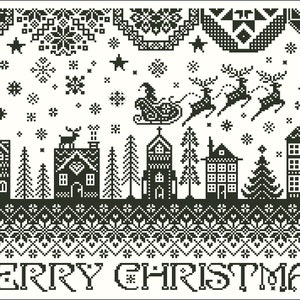 Pu&ograve; includere: Illustrazione in bianco e nero di un villaggio invernale con case, alberi e una slitta trainata da renne. Il testo "MERRY CHRISTMAS" &egrave; in fondo all'immagine.