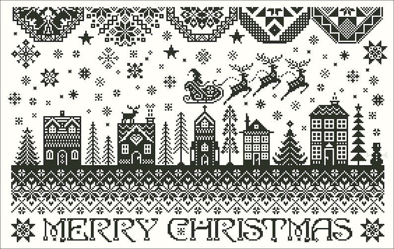 Pu&ograve; includere: Illustrazione in bianco e nero di un villaggio invernale con case, alberi e una slitta trainata da renne. Il testo "MERRY CHRISTMAS" &egrave; in fondo all'immagine.