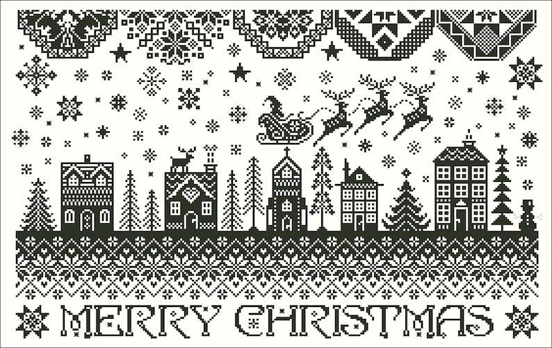 Modèle de point de croix Joyeux Noël, échantillonneur quaker, point de croix de Noël, broderie monochrome, fichier PDF numérique, point de croix de vacances image 5