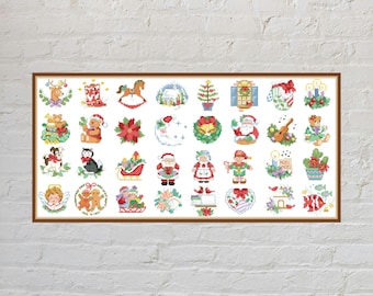 May include: A rectangular cross-stitch pattern featuring a grid of thirty-two individual Christmas-themed icons, including Santa Claus, reindeer, gingerbread figures, poinsettias, ornaments, and holiday greenery in vibrant red, green, and gold tones.