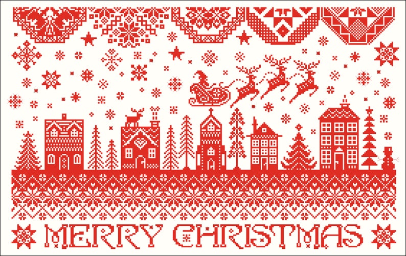 Pu&ograve; includere: Biglietto di Natale di stile scandinavo rosso e bianco con una scena di villaggio invernale, che include case, alberi e renne che tirano una slitta. Il testo "MERRY CHRISTMAS" &egrave; in fondo al biglietto.