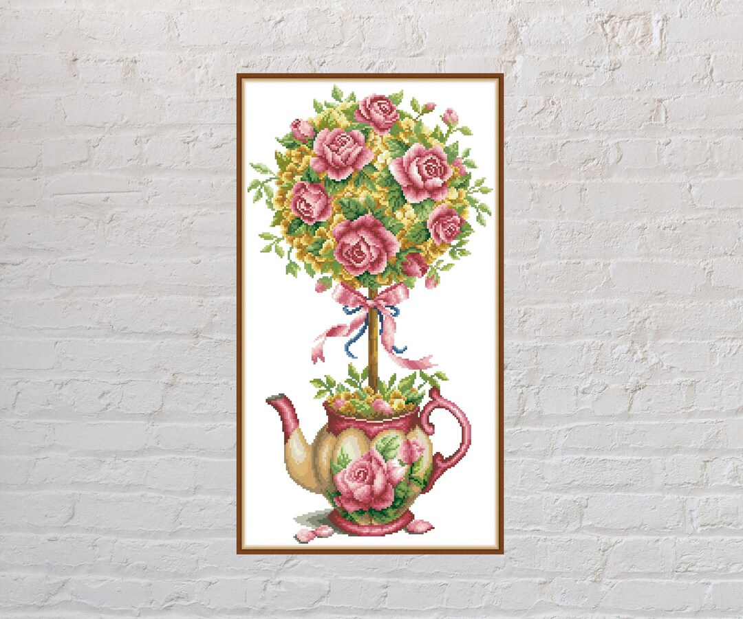 Cross Stitch Pattern Floral Teapot, Rose Cross Stitch, Floral Embroidery, Flower Cross Stitch