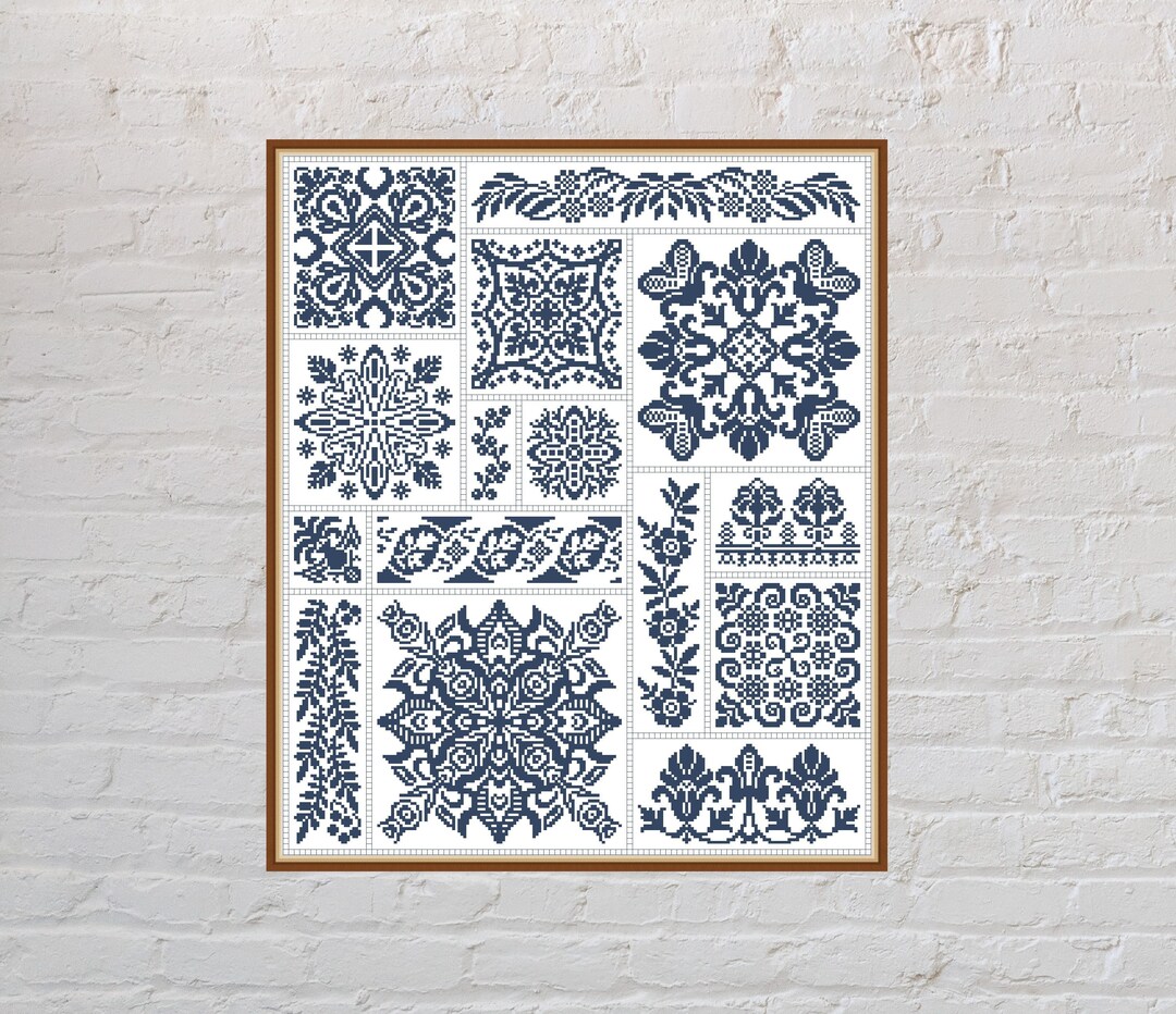 Kruissteekpatroon Bloemensampler #4, quaker sampler, monochroom ...