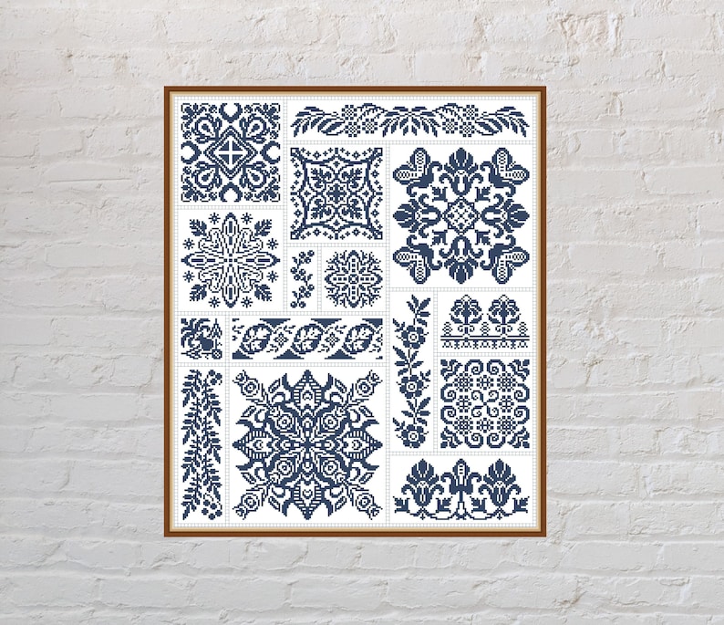 Kruissteekpatroon Bloemensampler #4, quaker sampler, monochroom ...