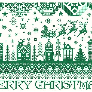 Pu&ograve; includere: Illustrazione natalizia verde e bianca con un villaggio innevato, renne che volano nel cielo e il testo "MERRY CHRISTMAS".