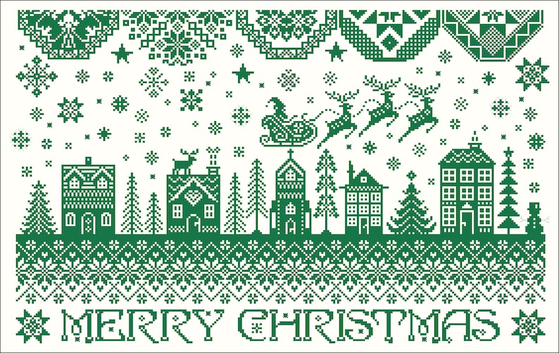 Pu&ograve; includere: Illustrazione natalizia verde e bianca con un villaggio innevato, renne che volano nel cielo e il testo "MERRY CHRISTMAS".