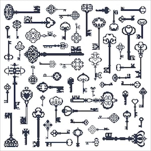 May include: A collection of 40 black and white vintage keys with intricate designs. The keys are arranged in a random pattern on a white background.