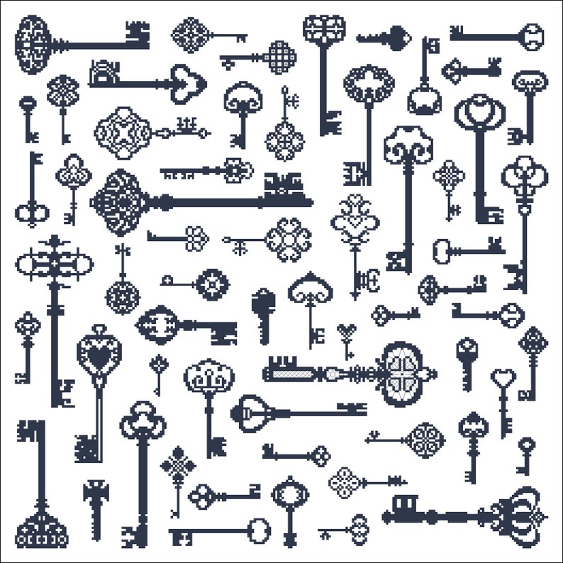 May include: A collection of 40 black and white vintage keys with intricate designs. The keys are arranged in a random pattern on a white background.