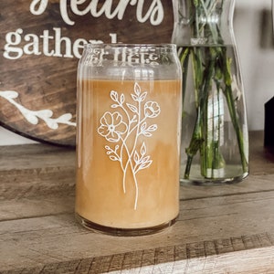 Iced Coffee Glass | Beer Can Glass | Custom Cup | Custom Glass Cup | Soda Glass | Iced Coffee 16oz Glass | Flower Beer Can Glass