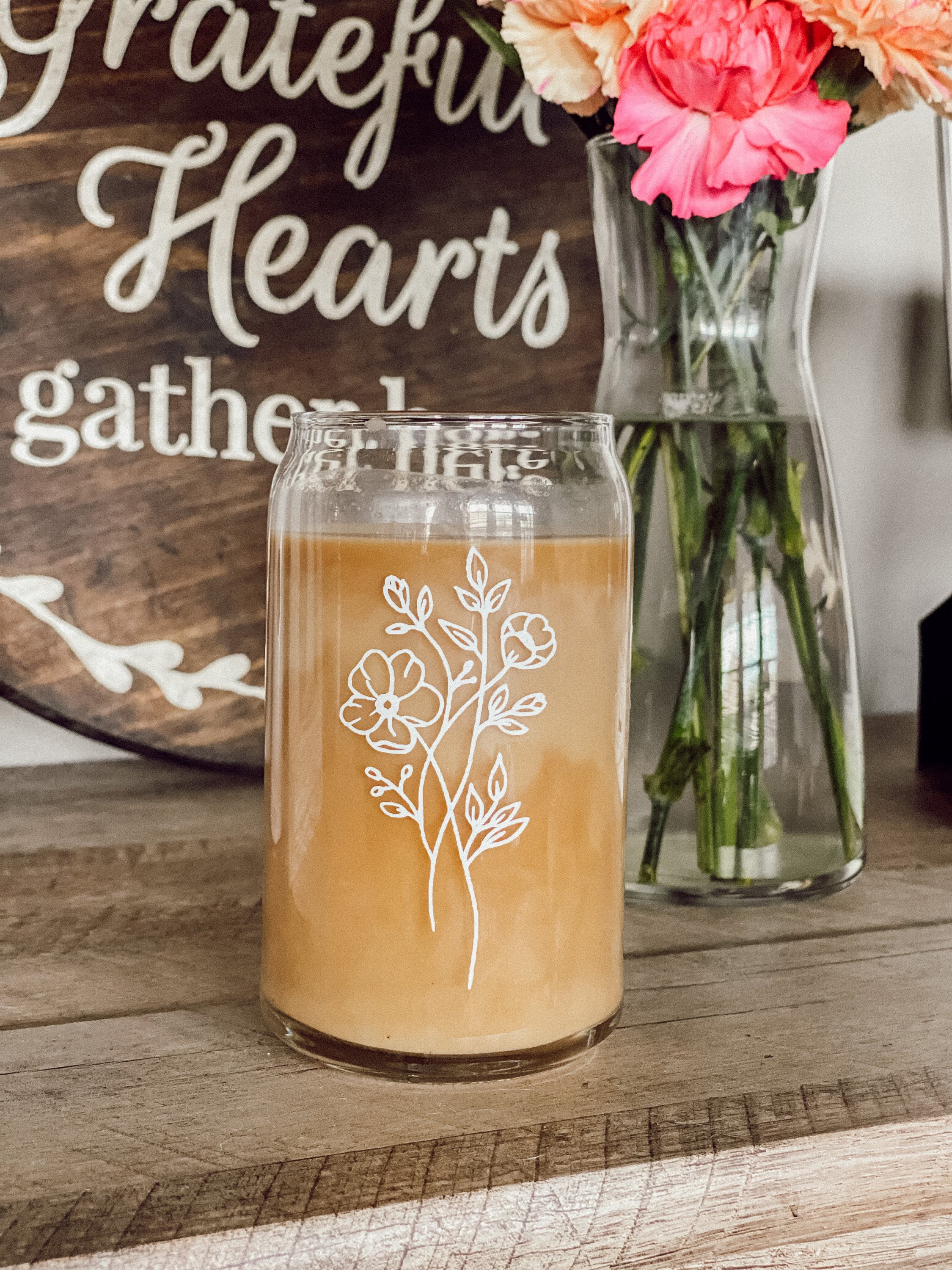 Iced Coffee Glass | Beer Can Glass | Custom Cup | Custom Glass Cup | Soda Glass | Iced Coffee 16oz Glass | Flower Beer Can Glass
