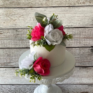 Hot Pink and White Rose Wedding Cake Topper, Wedding Cake Decoration, Wedding Cake Flowers, Small Centerpiece, Lantern Flowers