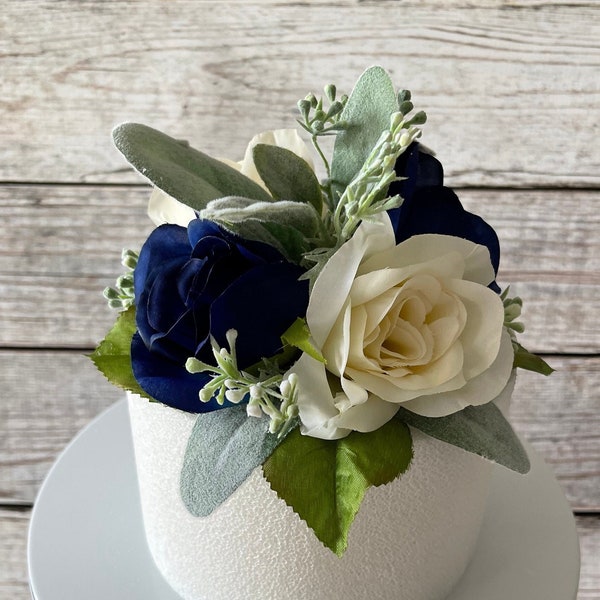 Ivory and Navy Rose Wedding Cake Topper, Wedding Cake Decoration, Wedding Cake Flowers, Small Centerpiece, 1st Birthday Cake Topper