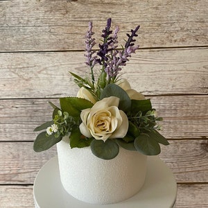 Ivory Rose and Lavender Wedding Cake Topper, Wedding Cake Decoration, Wedding Cake Flowers, Small Centerpiece, Lantern Flowers