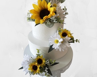 Adorno para pastel de bodas con margaritas blancas y girasoles, decoración para pastel de bodas, flores para pastel de bodas, centro de mesa pequeño, adorno para pastel de cumpleaños.