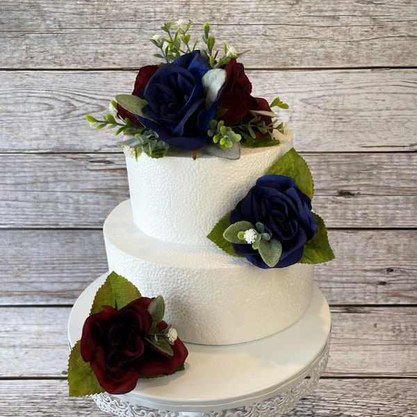 Navy and Burgundy Wedding Cake Flowers, Wedding Cake Topper, Wedding Cake Decoration, Birthday Cake Flowers, Bridal Shower Decoration