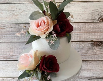 Décoration de gâteau de mariage rose et rose bordeaux, décoration de gâteau de mariage, fleurs pour gâteau de mariage, petit centre de table, fleurs de lanterne