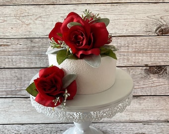 Topper de gâteau de mariage rose rouge, décoration de gâteau de mariage, fleurs de gâteau de mariage, petite pièce maîtresse, fleurs de lanterne