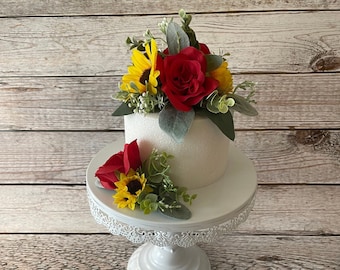 Topper de gâteau de mariage de rose rouge et de tournesol, décoration de gâteau de mariage, fleurs de gâteau de mariage, petite pièce maîtresse, fleurs de lanterne
