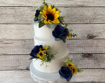 Navy Rose and Sunflower Wedding Cake Topper, Wedding Cake Decoration, Wedding Cake Flowers, Small Centerpiece, Lantern Flowers