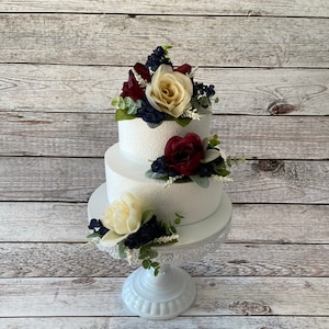 Burgundy and Ivory Rose Wedding Cake Topper with Navy Accent Flowers, Wedding Cake Decoration, Wedding Cake Flowers, Bridal Shower Cake