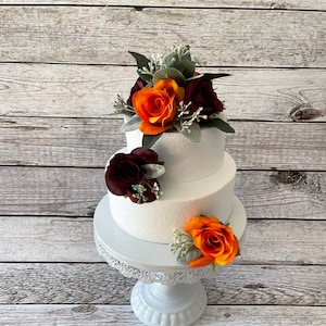 Fall Wedding Cake Flowers, Orange and Burgundy Wedding Cake Topper, Wedding Cake Decoration, Fall Cake Topper, Small Centerpiece