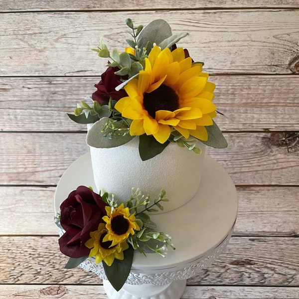 Burgundy Rose and Sunflower Wedding Cake Topper, Wedding Shower Cake Decoration, Wedding Cake Flowers, Birthday Cake Flowers