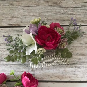 Peigne à cheveux fleur de mariage, accessoire de mariée avec roses, plantes succulentes, hortensias et verdure, fleurs pour cheveux pour mariée, demoiselle d'honneur, bouquetière image 1