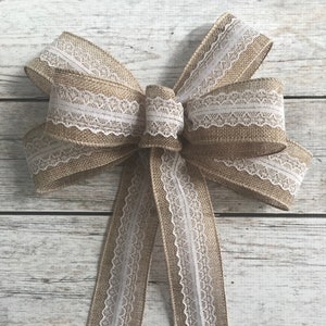 Burlap and Lace Wedding Bows, Burlap Pew Bows, Christmas Bows for wreath, tree topper, mailbox, gifts