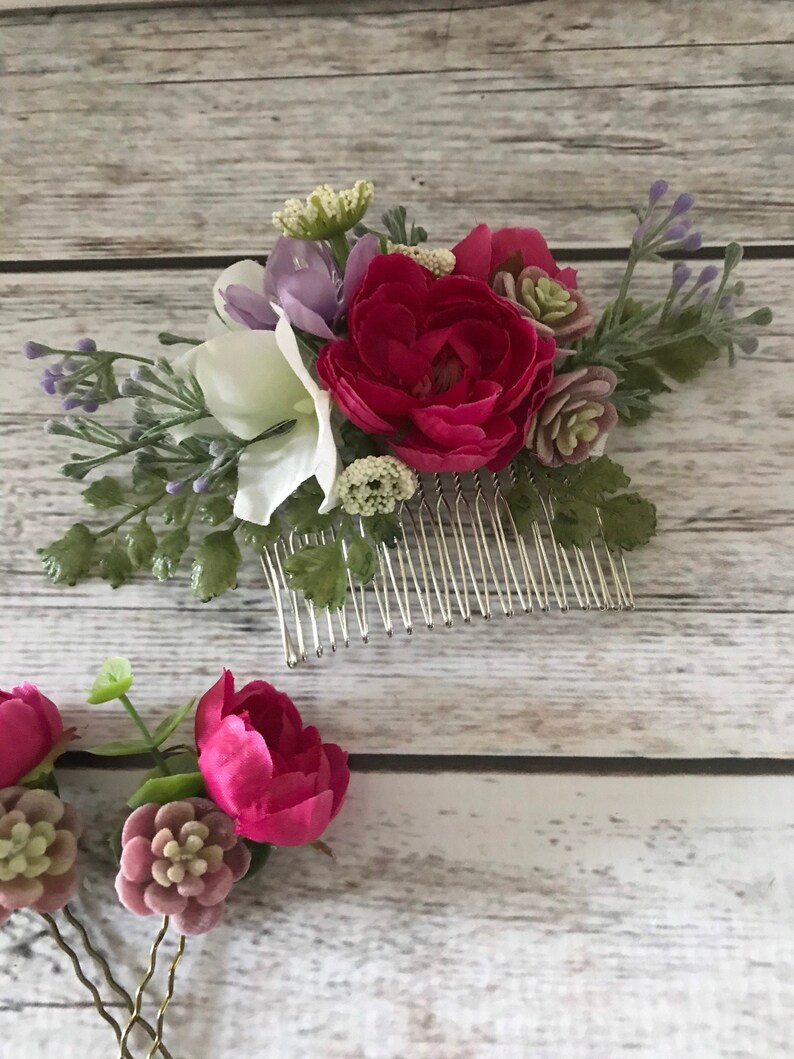 Peigne à cheveux fleur de mariage, accessoire de mariée avec roses, plantes succulentes, hortensias et verdure, fleurs pour cheveux pour mariée, demoiselle d'honneur, bouquetière image 1