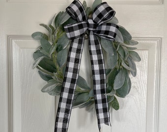 Small Lambs Ear Wreath, Farmhouse Wreath, Country Cottage Wreath, Greenery Wreath, Fall Wreath, Buffalo Check Ribbon Wreath