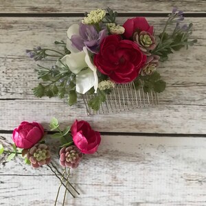 Peigne à cheveux fleur de mariage, accessoire de mariée avec roses, plantes succulentes, hortensias et verdure, fleurs pour cheveux pour mariée, demoiselle d'honneur, bouquetière image 8