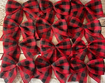 Red and Black Buffalo Check Christmas Tree Bows, Buffalo Plaid Bows, Christmas Tree Ornaments, Farmhouse Christmas Tree Decoration