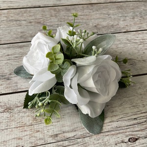 White Rose Wedding Cake Topper with Eucalyptus and White Accent Flowers, Birthday Cake Topper, Wedding Cake Flowers, Small Centerpiece